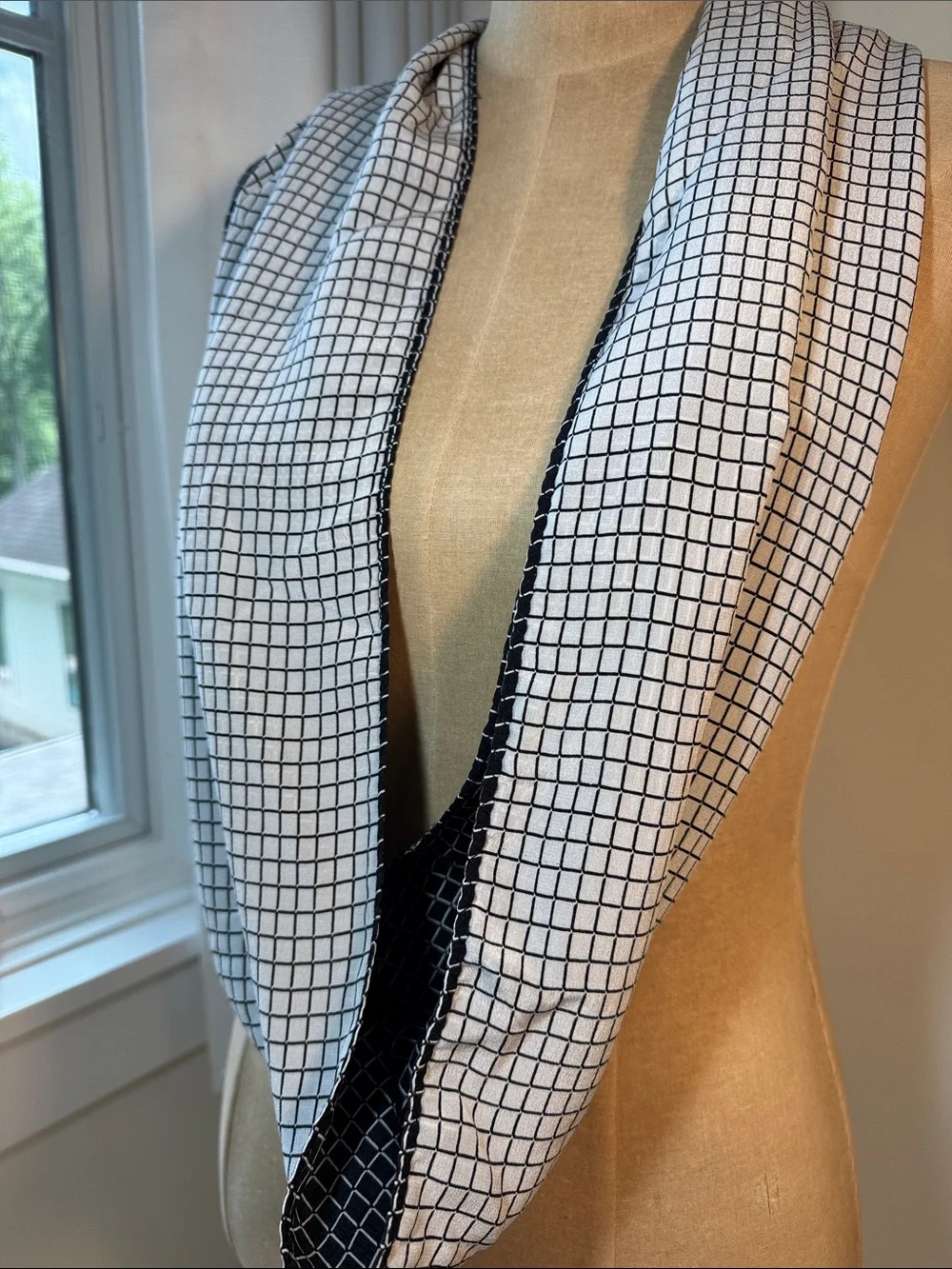 J. Jill black and white windowpane reversible Silk infinity scarf.